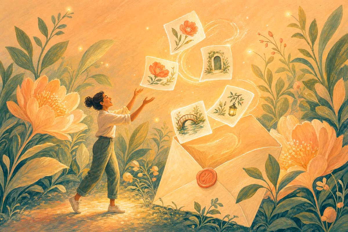 An open envelope in the garden lets small illustrated cards fly out, and a person catches them with delight.