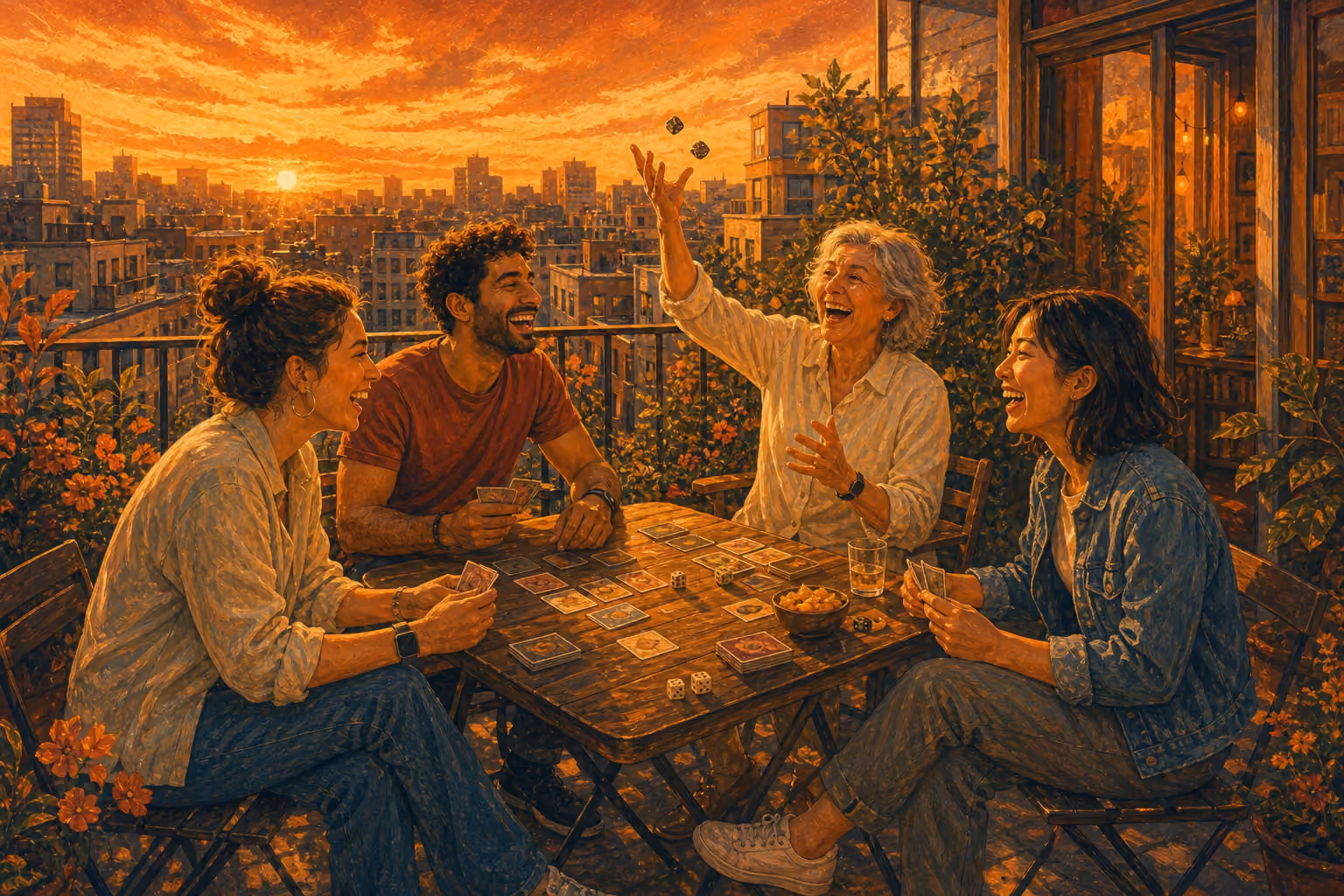 En un balcón sobre la ciudad al atardecer, cuatro amigos de edades y orígenes variados juegan a las cartas y a los dados alrededor de una pequeña mesa plegable. Una mujer de pelo blanco, de unos setenta años, lanza dos dados al aire y todos ríen.