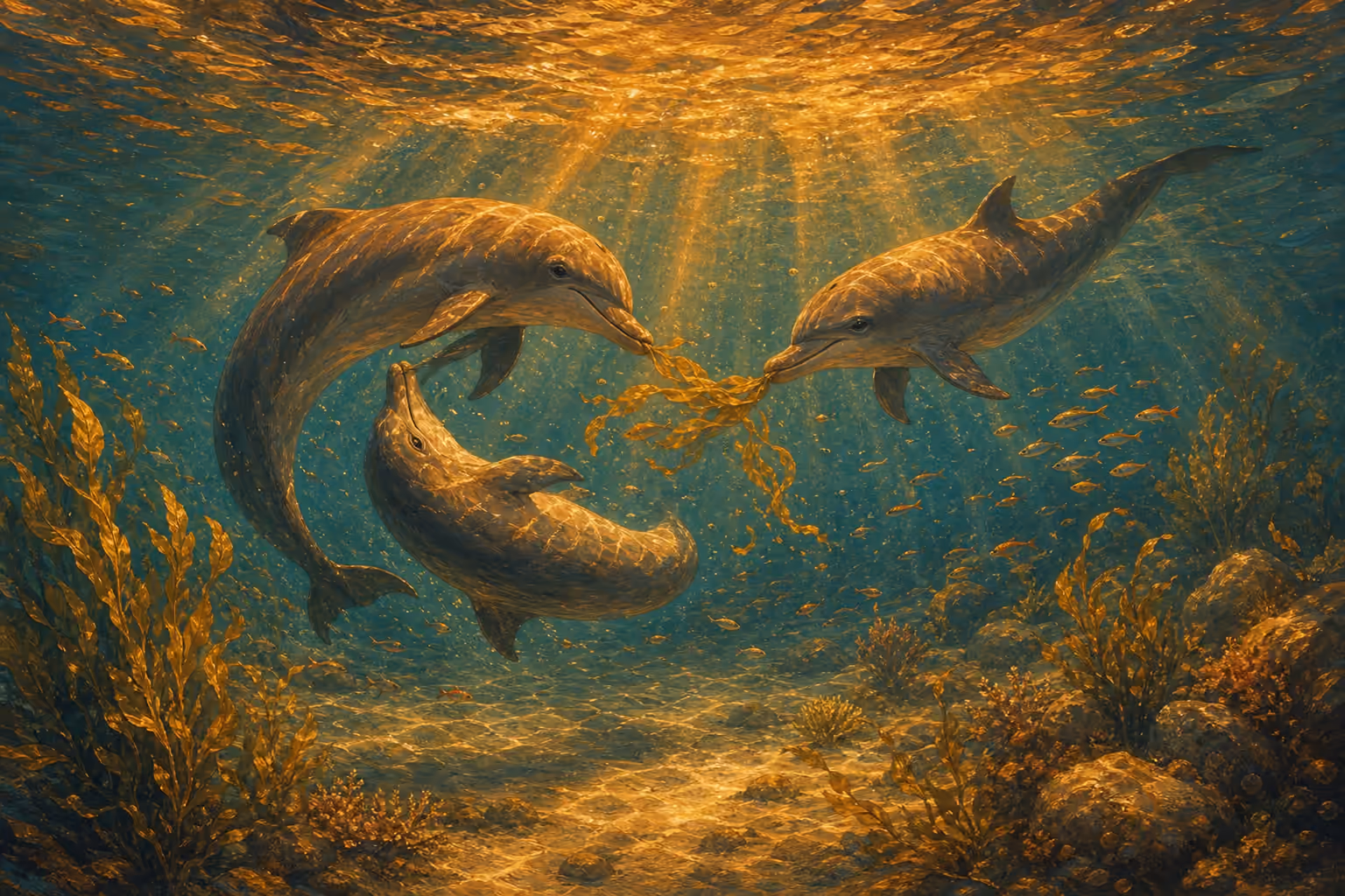 Bajo el agua, en bajíos claros atravesados por rayos dorados, tres delfines juegan juntos: dos se enroscan vientre contra vientre en espiral mientras el tercero les tiende una brizna de alga que sujetan juntos como un juguete.