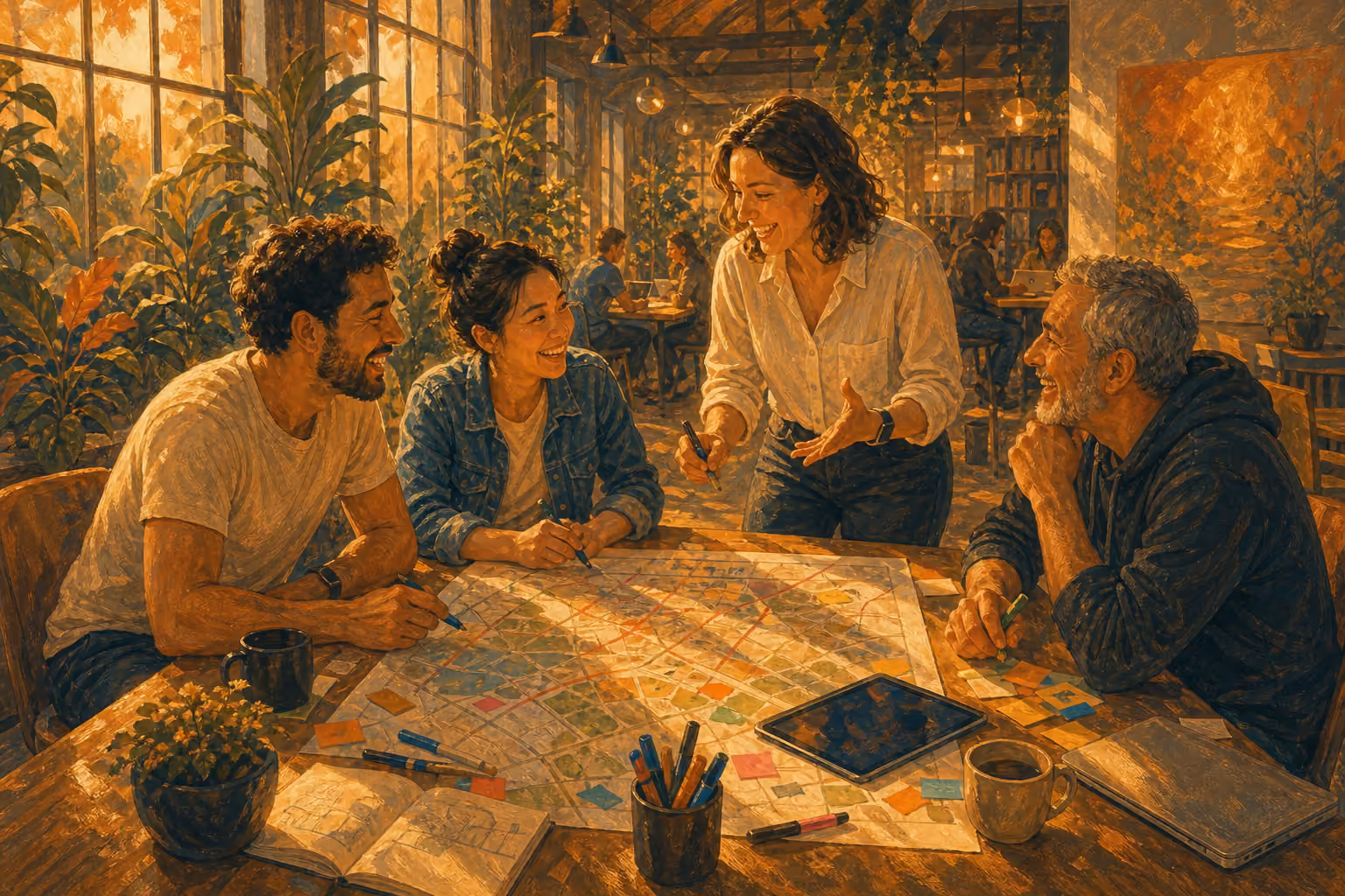 Alrededor de una gran mesa de trabajo compartido, cuatro personas — dos mujeres y dos hombres, de los veinte a los sesenta años — se inclinan sobre un gran mapa de juego de papel cubierto de casillas de colores, con rotuladores, un cuaderno y una tableta. De pie, una mujer presenta una idea y los demás ríen.