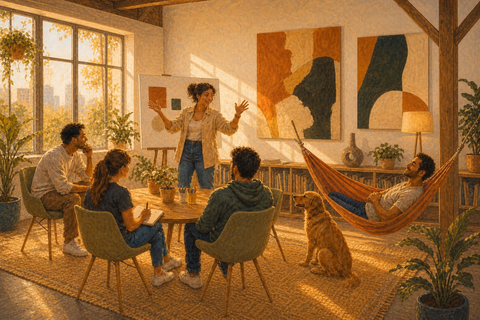 In a bright loft studio with wooden beams and tall windows, two large abstract canvases in terracotta, ochre and deep green hang on the wall: a woman in a linen shirt and jeans explains with both hands open in front of a whiteboard; three adults listen around a round table, one with a hand on his chin, another taking notes in pencil; in a corner a man lying in a striped hammock smiles across at her, and a golden retriever sitting on the woven rug looks the same way.