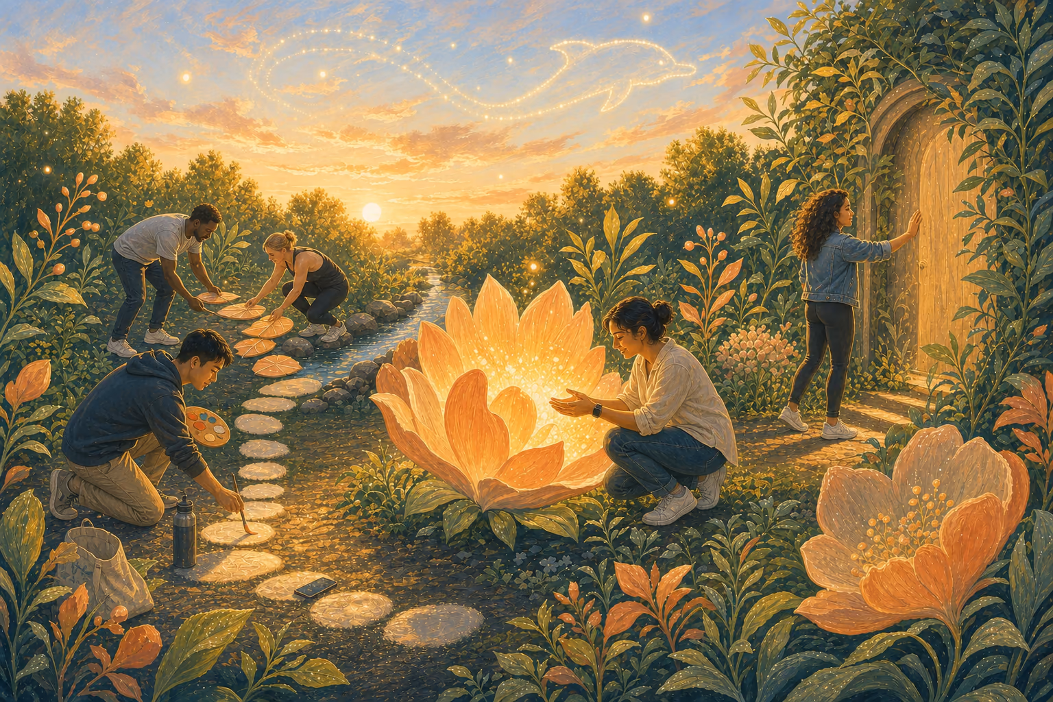In the same clearing, at sunrise, five adults in jeans, sweatshirts and sneakers are at work around a large glowing flower: a woman cups its light in both hands, a kneeling man paints a path of pale stones with a brush, two more lay flat leaves as stepping stones across the brook, and a fifth pushes open a wooden door in a wall of vines. Above them, a dolphin traced in points of light crosses the sky.