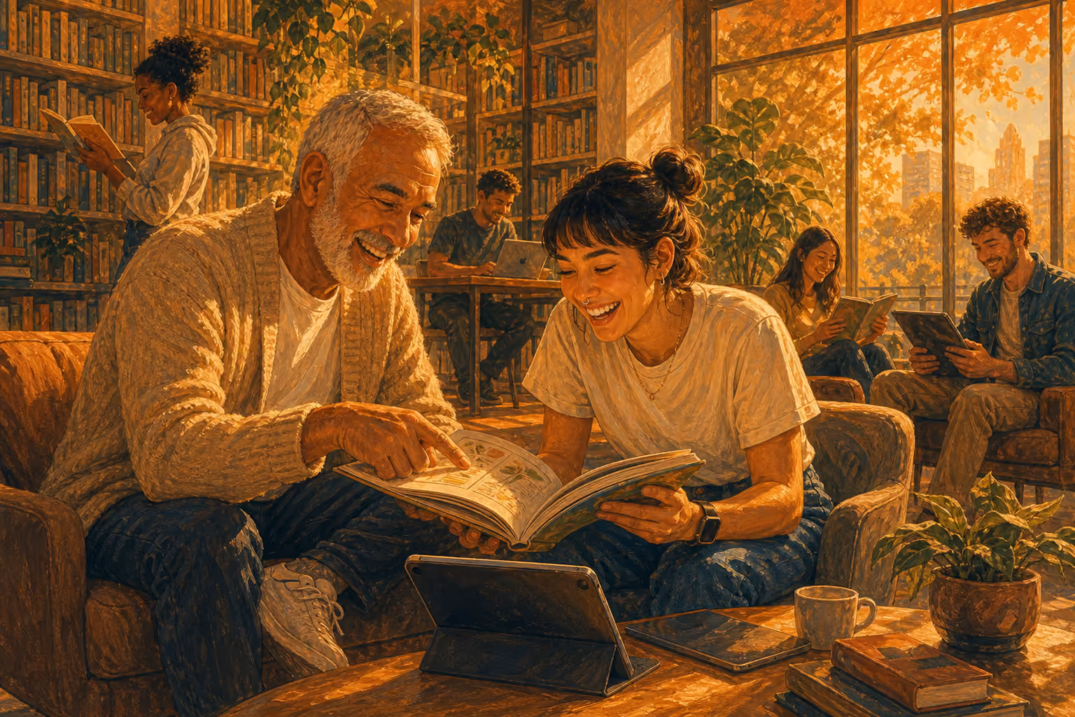 En una biblioteca luminosa de altas estanterías, un hombre mayor con cárdigan crema señala la página de un manual ilustrado que una joven sostiene abierto, riendo. Una tableta sobre la mesa baja muestra una lección en pausa, y otras personas leen junto a los grandes ventanales.