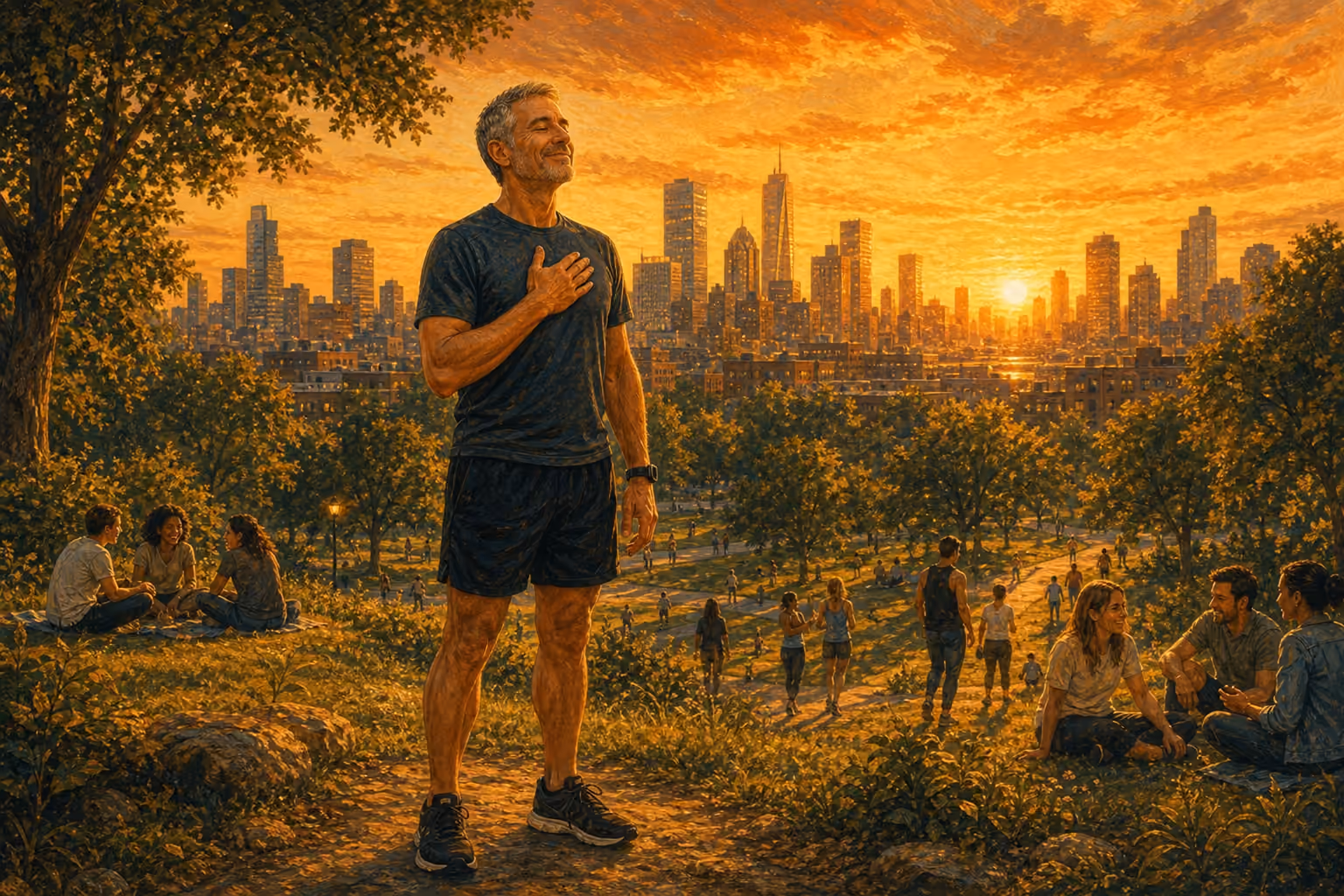 En una colina de un parque, frente a los rascacielos y un cielo anaranjado, un hombre de unos cincuenta años en ropa de correr se mantiene erguido, con los ojos cerrados y la mano en el corazón, respirando hondo, sereno y confiado. Más abajo, paseantes y corredores siguen los senderos.