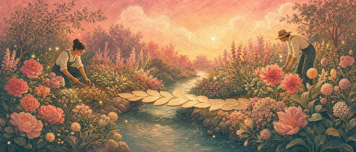 Illustration — deux jardins voisins reliés par un pont de feuilles au-dessus d’un ruisseau