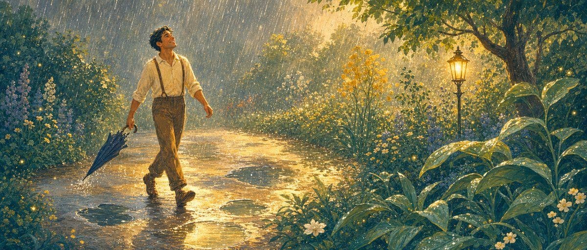 Illustration — un homme marche sous une pluie chaude, un parapluie fermé à la main