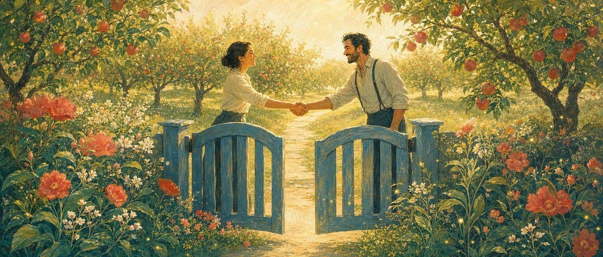 Illustration — deux adultes se serrent la main au-dessus d’un portail de jardin ouvert