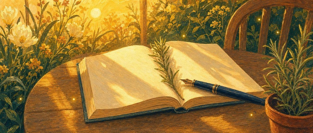 Illustration — un carnet ouvert et un stylo sur une table de jardin, sans écriture visible