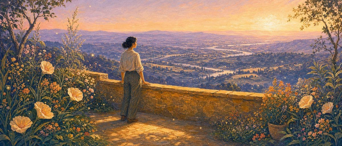 Illustration — un adulte contemple un vaste paysage depuis une terrasse en hauteur