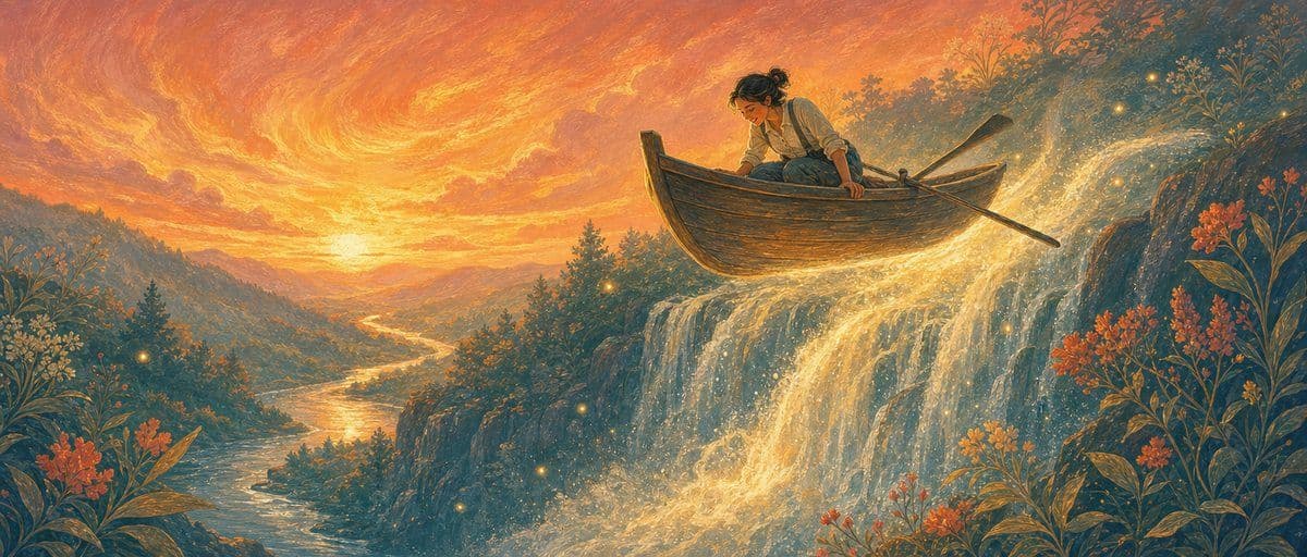Illustration — une barque de bois flotte dans les airs au-dessus d’une chute d’eau lumineuse