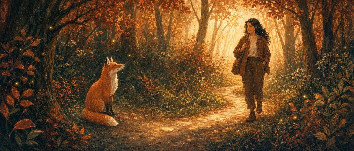 Illustration — un renard bienveillant attend un adulte au détour d’un sentier