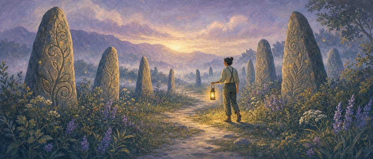 Illustration — un sentier ancien passe entre de vieilles pierres dressées dans la brume