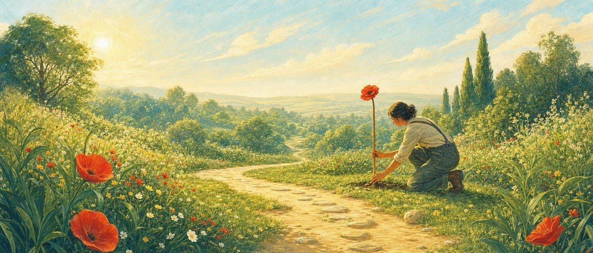 Illustration — un adulte plante un piquet fleuri au bout d’un sentier de jardin