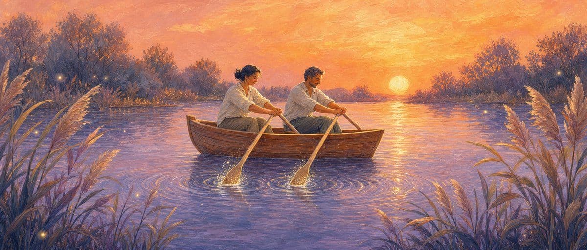 Illustration — deux adultes rament ensemble sur une barque, au même rythme