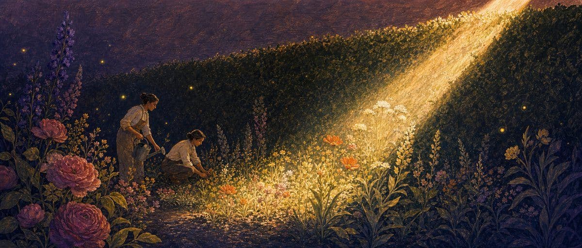 Illustration — un rayon de lumière balaie lentement un jardin de haut en bas