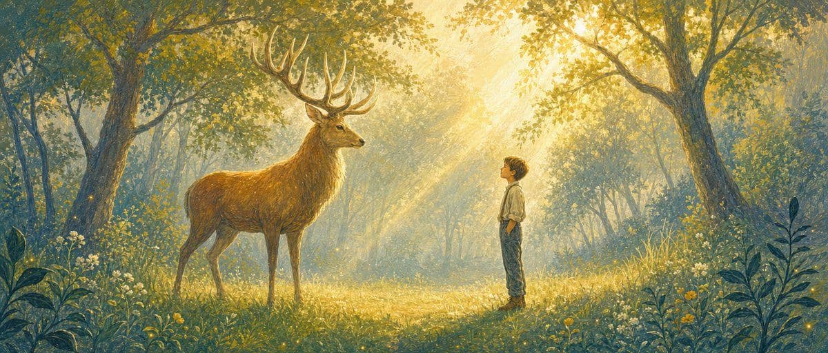 Illustration — un grand cerf paisible se tient face à un garçon dans une clairière