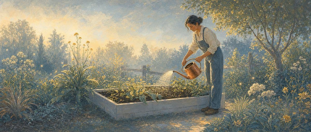 Illustration — un adulte arrose seul son propre carré de jardin, dans la lumière du matin