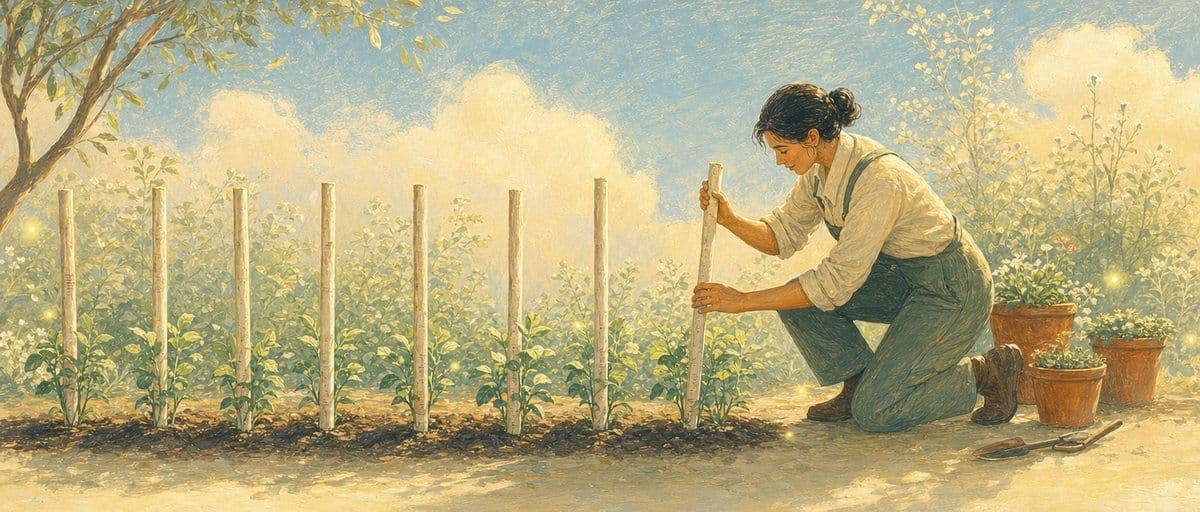 Illustration — un adulte redresse des piquets de jardin pour les mettre en ligne