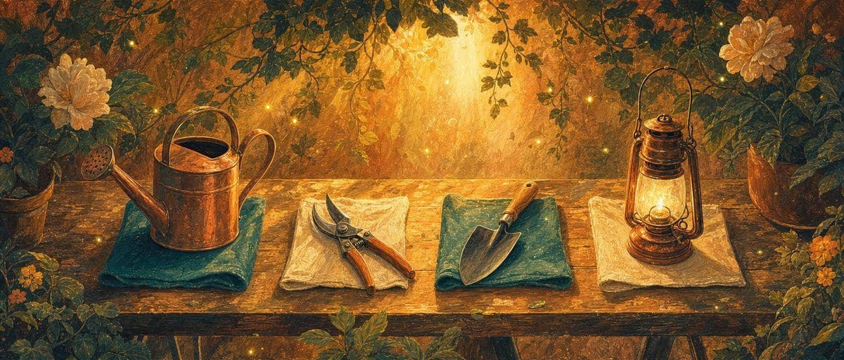 Illustration — quatre outils de jardin posés côte à côte sur un établi de bois