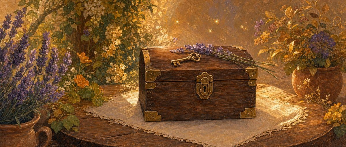 Illustration — un beau coffre de bois fermé sur une table de jardin, prêt à être ouvert