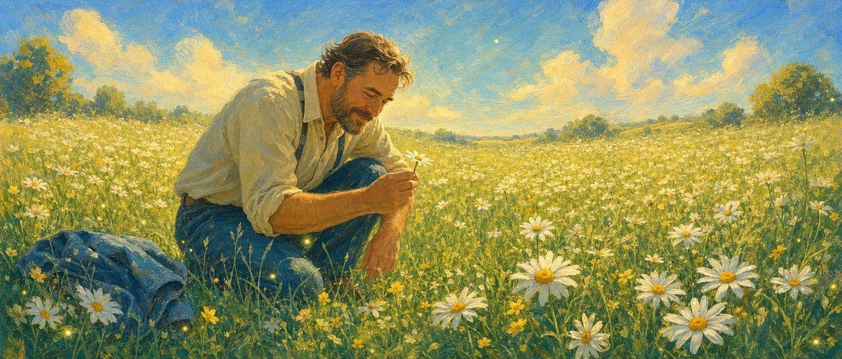 Illustration — un homme s’accroupit dans une prairie constellée de pâquerettes