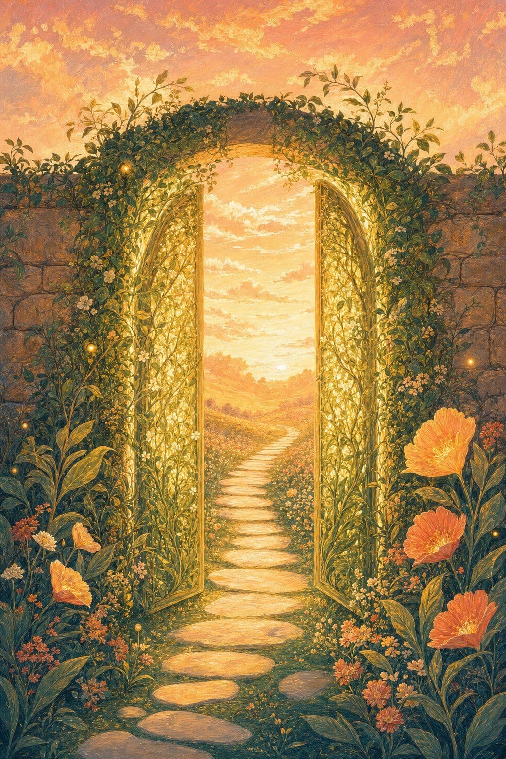 Illustration — une porte de vigne ouverte sur un sentier de pierres claires, au matin