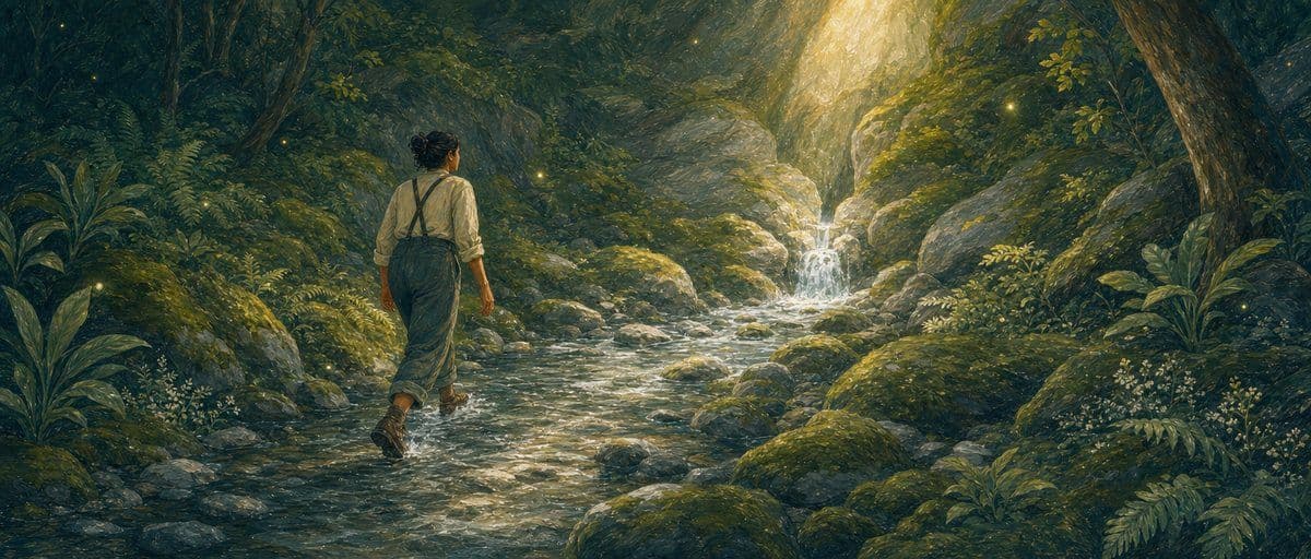 Illustration — un adulte suit un ruisseau vers sa source parmi les fougères