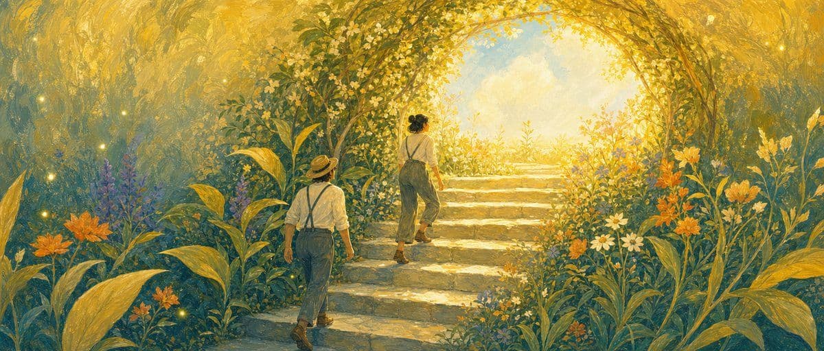 Illustration — les mêmes marches de pierre remontent vers la lumière du jardin